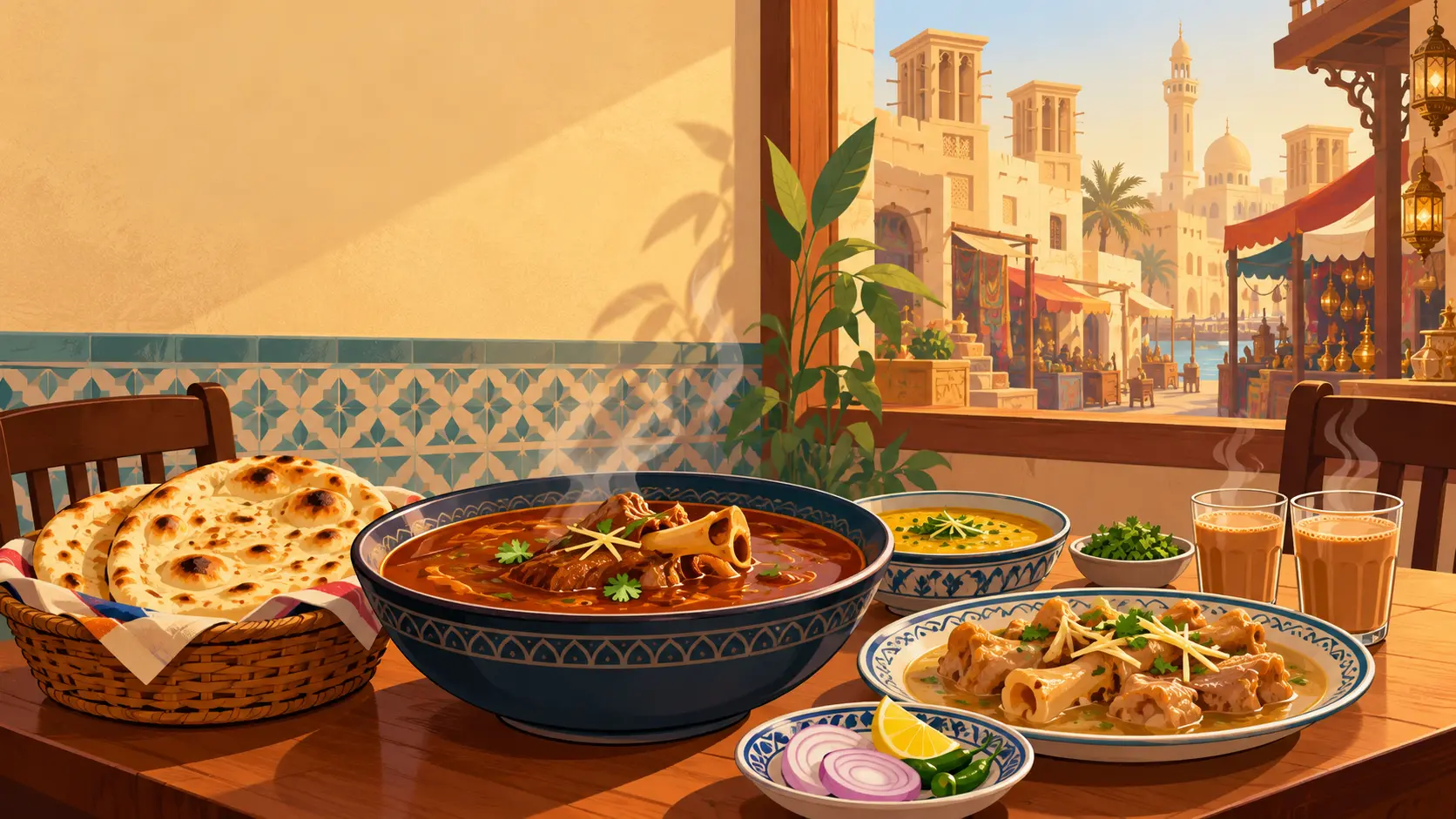 Illustration of a desi breakfast with nihari, naan and karak chai at a small restaurant in old Dubai