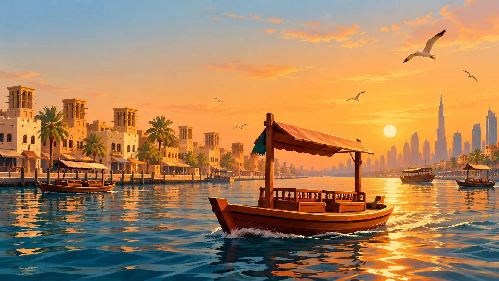 Illustration of a wooden abra boat crossing Dubai Creek at sunset between old buildings and city towers